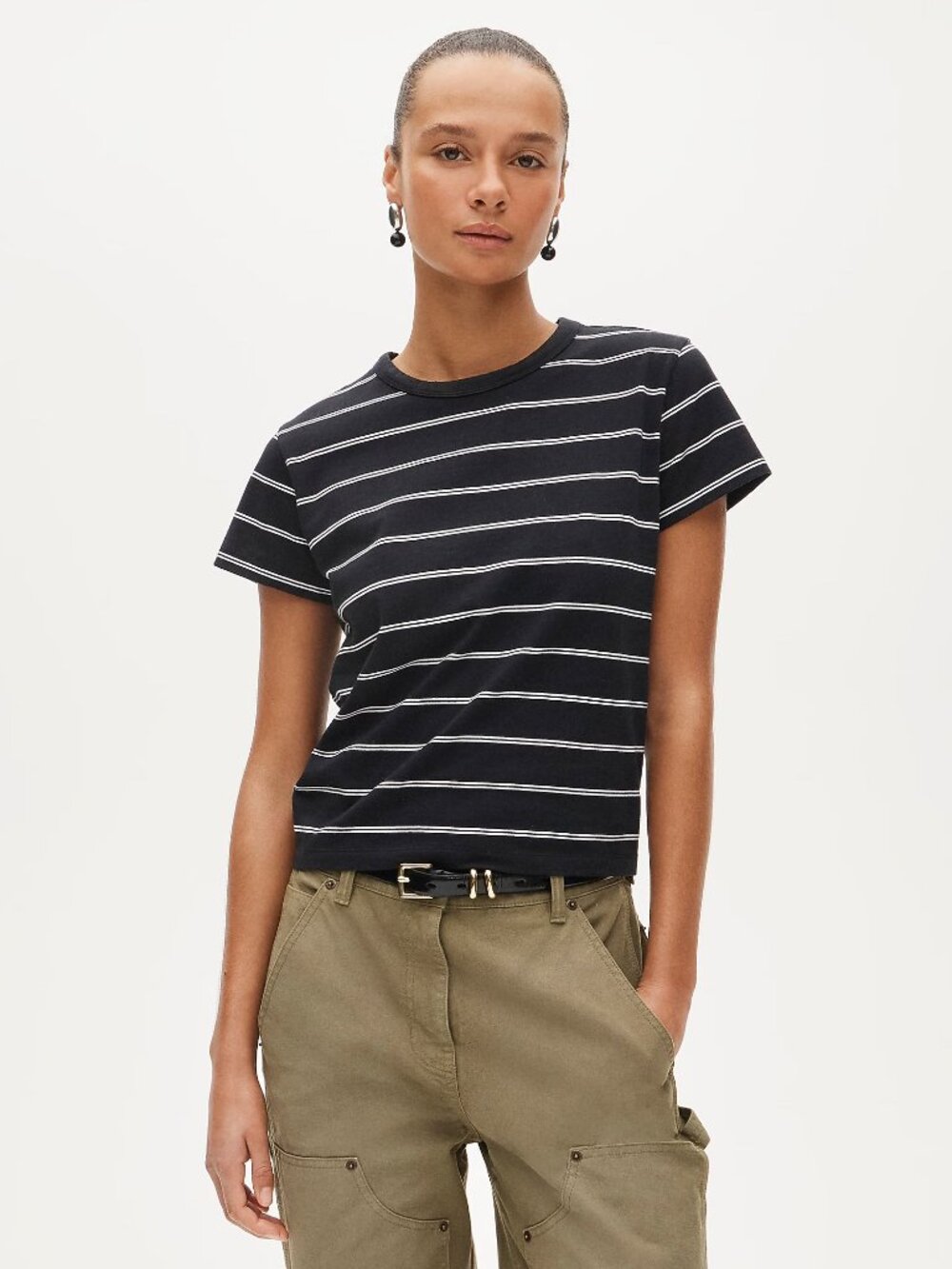 J. Crew Women's Boyfriend jersey Classic fit Black Ivory stripe Short Sleeve XL